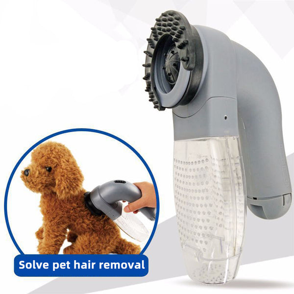 Pet hair removal tool with a close-up of a dog being groomed, on a white background.