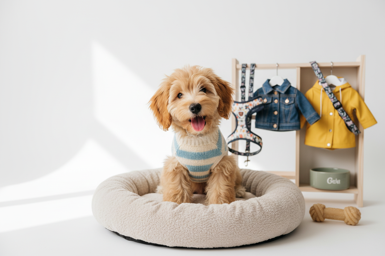 Design a bright, friendly photo of a small dog with lifestyle-styled products (wears, bed harness, bowl) in the background. Clean, neutral design.