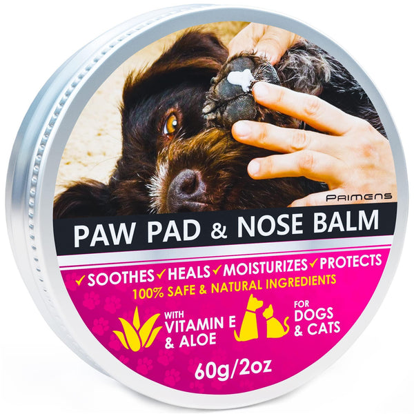 Paw pad and nose balm container with a dog and hand on a white background