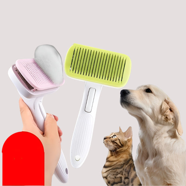 Pet grooming tools including a brush and a deshedding tool, with a dog and cat on a black background.