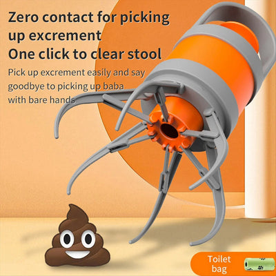 Cleaning tool with text and a poop emoji on an orange background