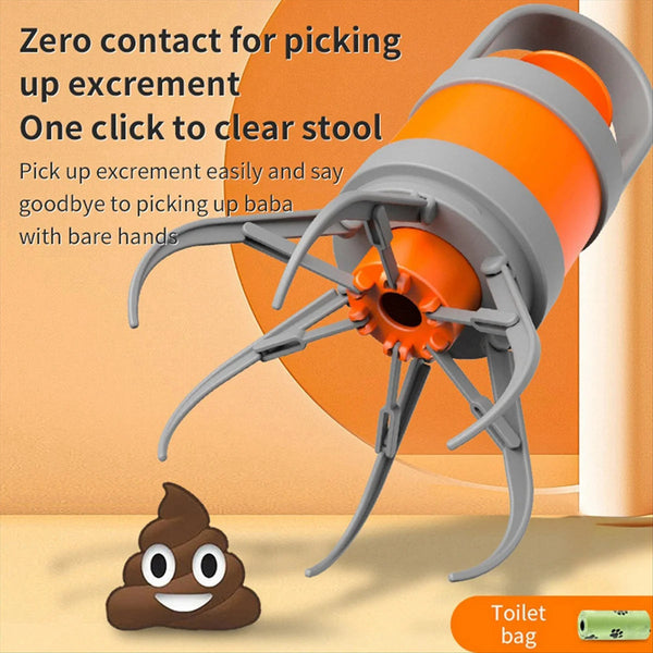Cleaning tool with text and a poop emoji on an orange background