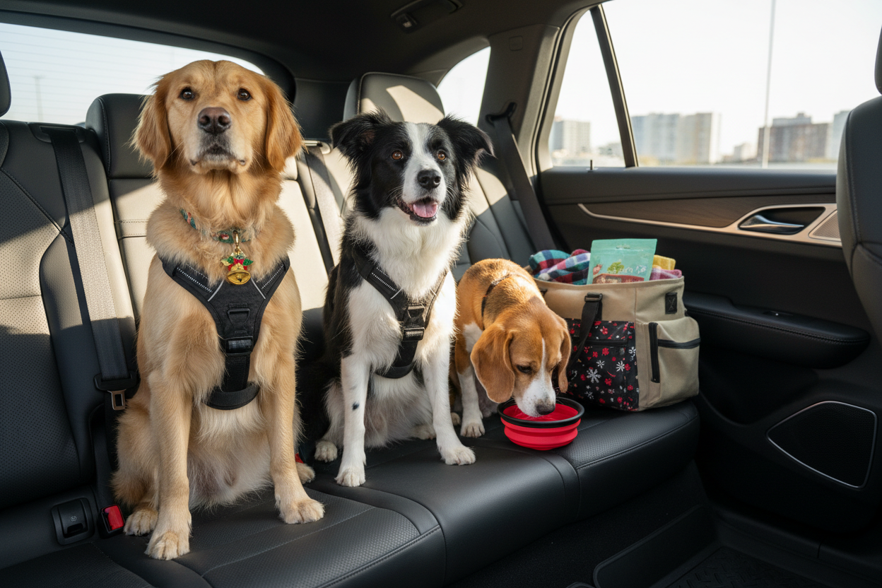 I need you to design a banner that has medium sized dogs sitting confidently in the backseat of a car, secured with a travel hearness and surrounded by pratical travel accessories like a collapsible water bowl and a neatly packed pet travel bag. Bright natural lighting, clean modern car interior, professional lifestyle ecommerce style with xmas touch