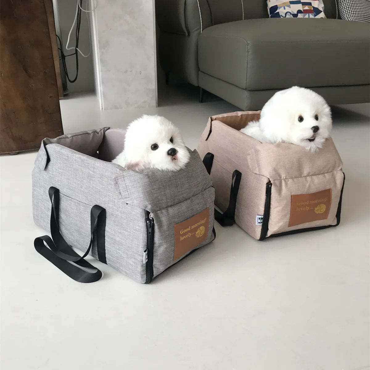 Two small dogs in pet carriers on a light-colored floor.
